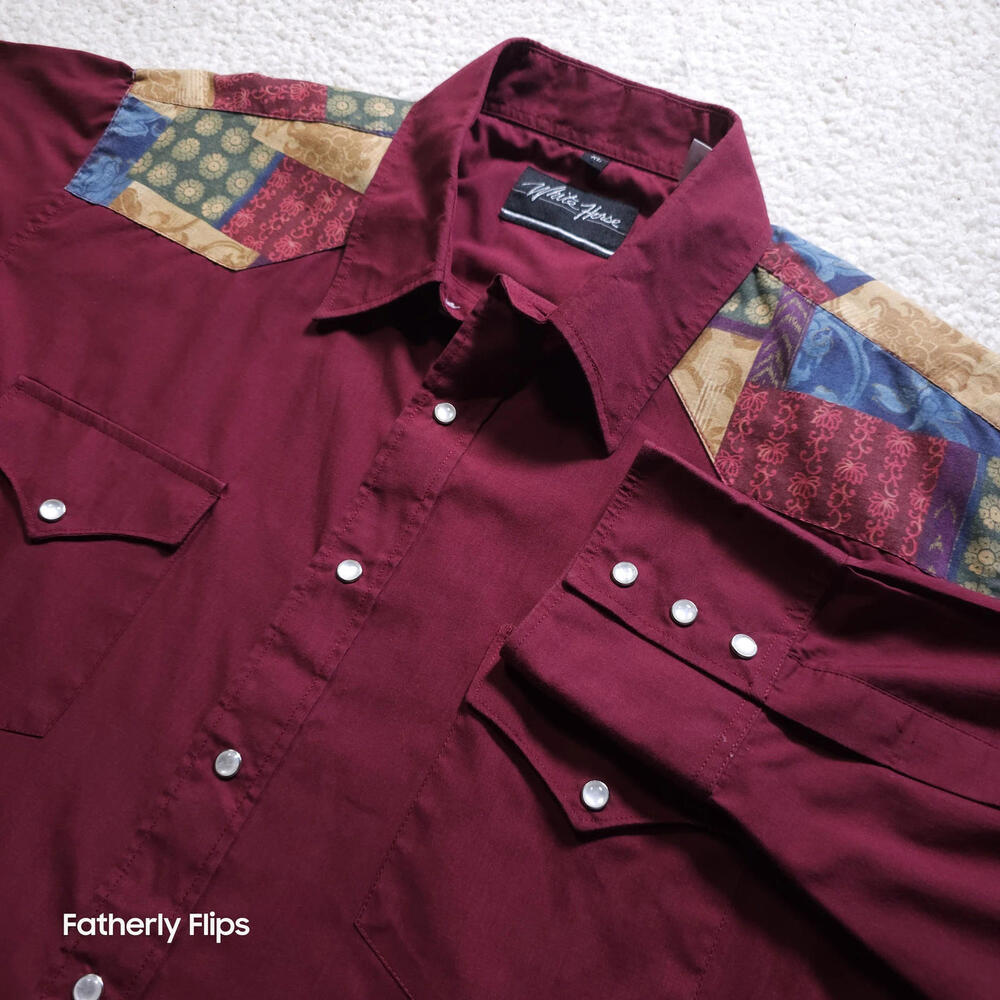White Horse Men's Western Shirt XL Burgundy Patchwork Yoke Pearl Snap Classic
